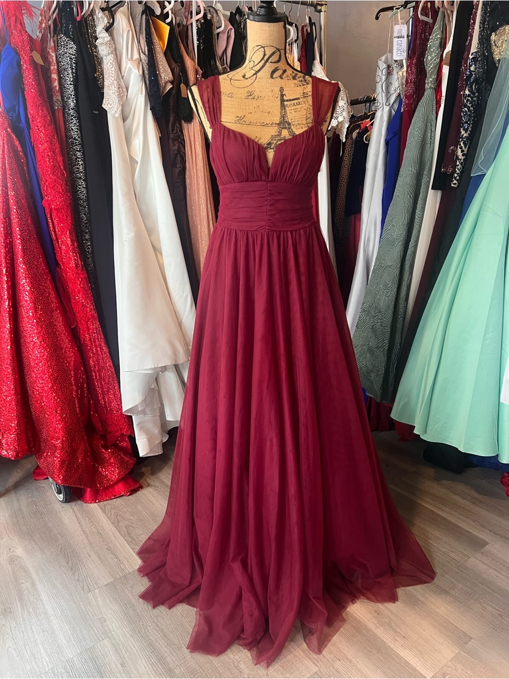 City Studio Burgundy Ruched Bodice A-Line Prom Gown